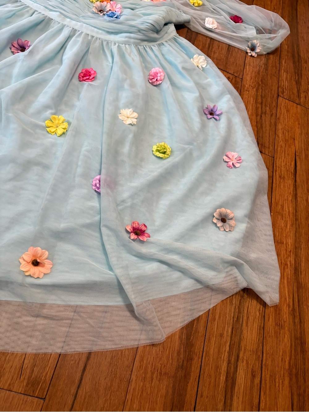 Eloquii Mini Dress Size 22 Light Blue Off Shoulder Sheer Tulle Mutli 3D Flowers - Picture 7 of 9